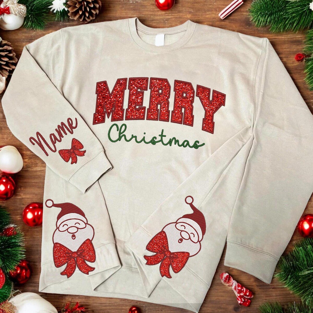 Christmas Glitter Side Bow Sweatshirt Santa Claus Embroidered Top.jpg