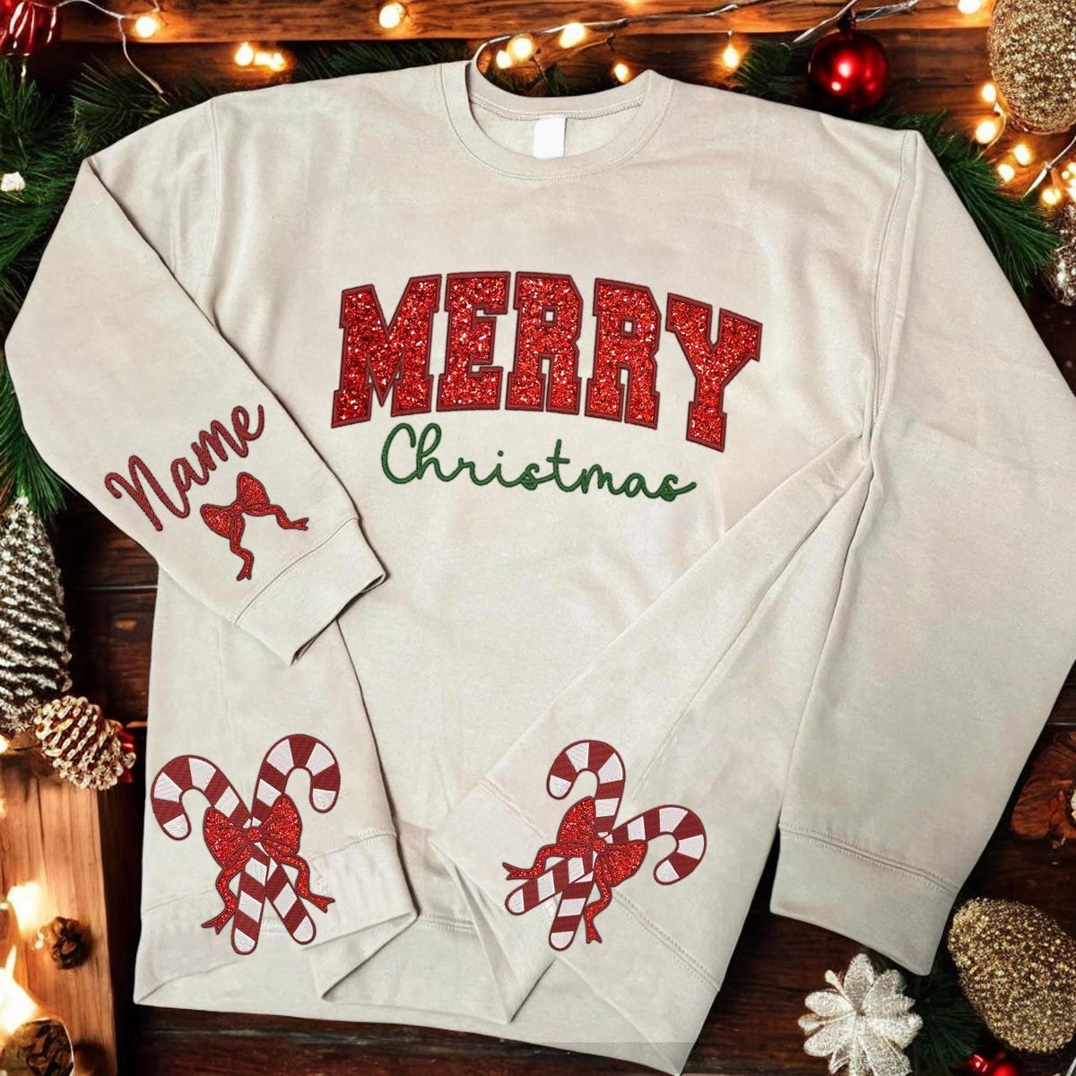 Christmas Glitter Side Bow Sweatshirt Trendy Candy Cane Design.jpg