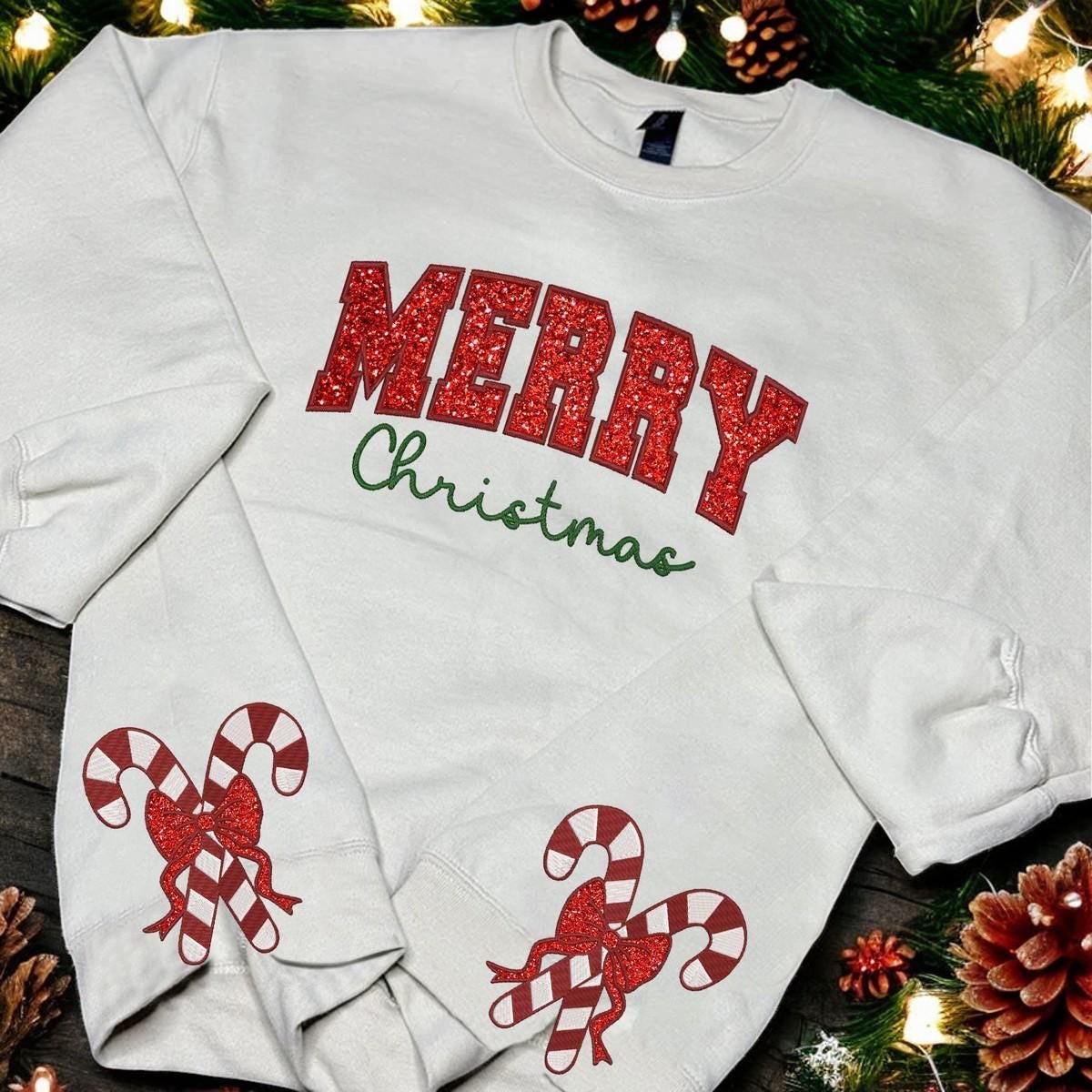 Christmas Glitter Side Bow Sweatshirt Trendy Candy Cane Design.jpg