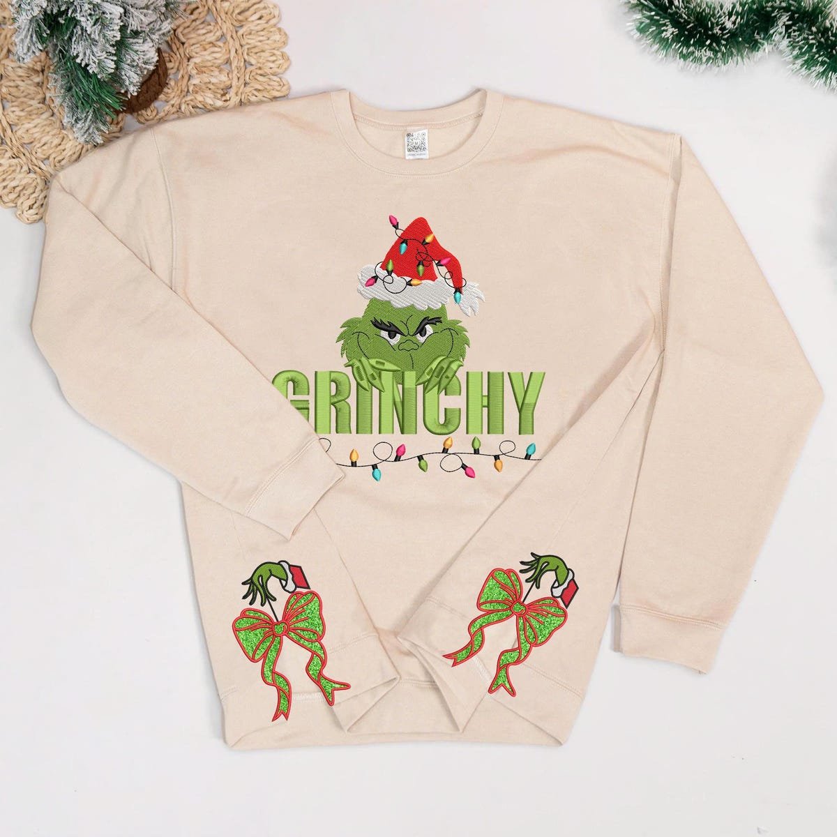 Grinchmas Coquette Embroidered Christmas Sweatshirt with Side Bow Applique.jpg