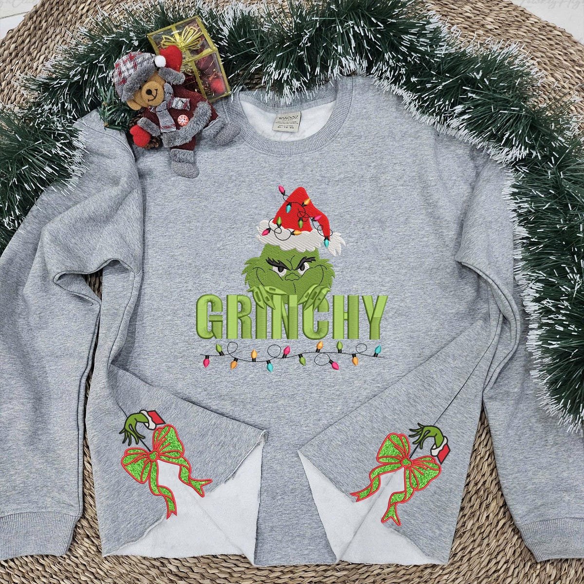 Grinchmas Coquette Embroidered Christmas Sweatshirt with Side Bow Applique.jpg