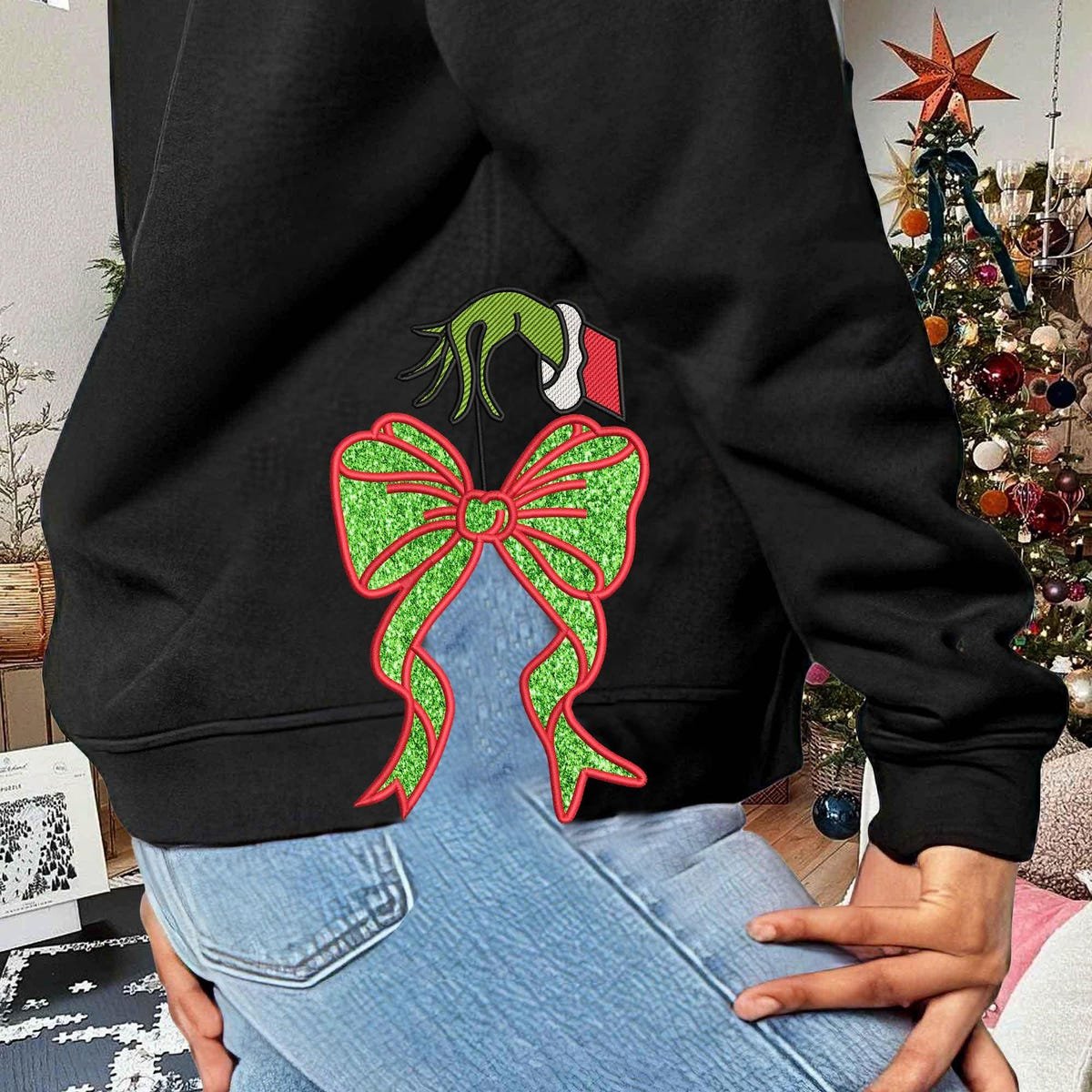 Grinchmas Coquette Embroidered Christmas Sweatshirt with Side Bow Applique.jpg