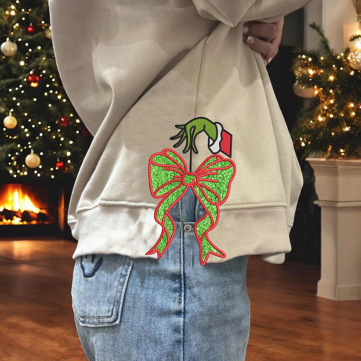 Grinchmas Coquette Embroidered Christmas Sweatshirt with Side Bow Applique.jpg