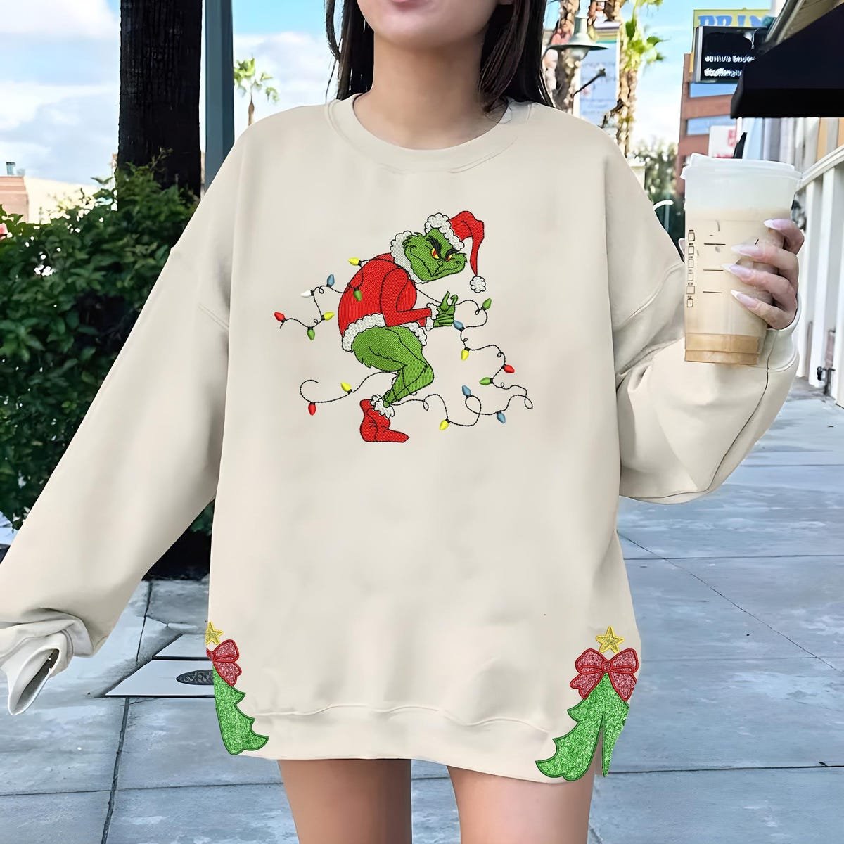 Grinchmas Embroidered Side Bow Sweatshirt Perfect Christmas Gift.jpg