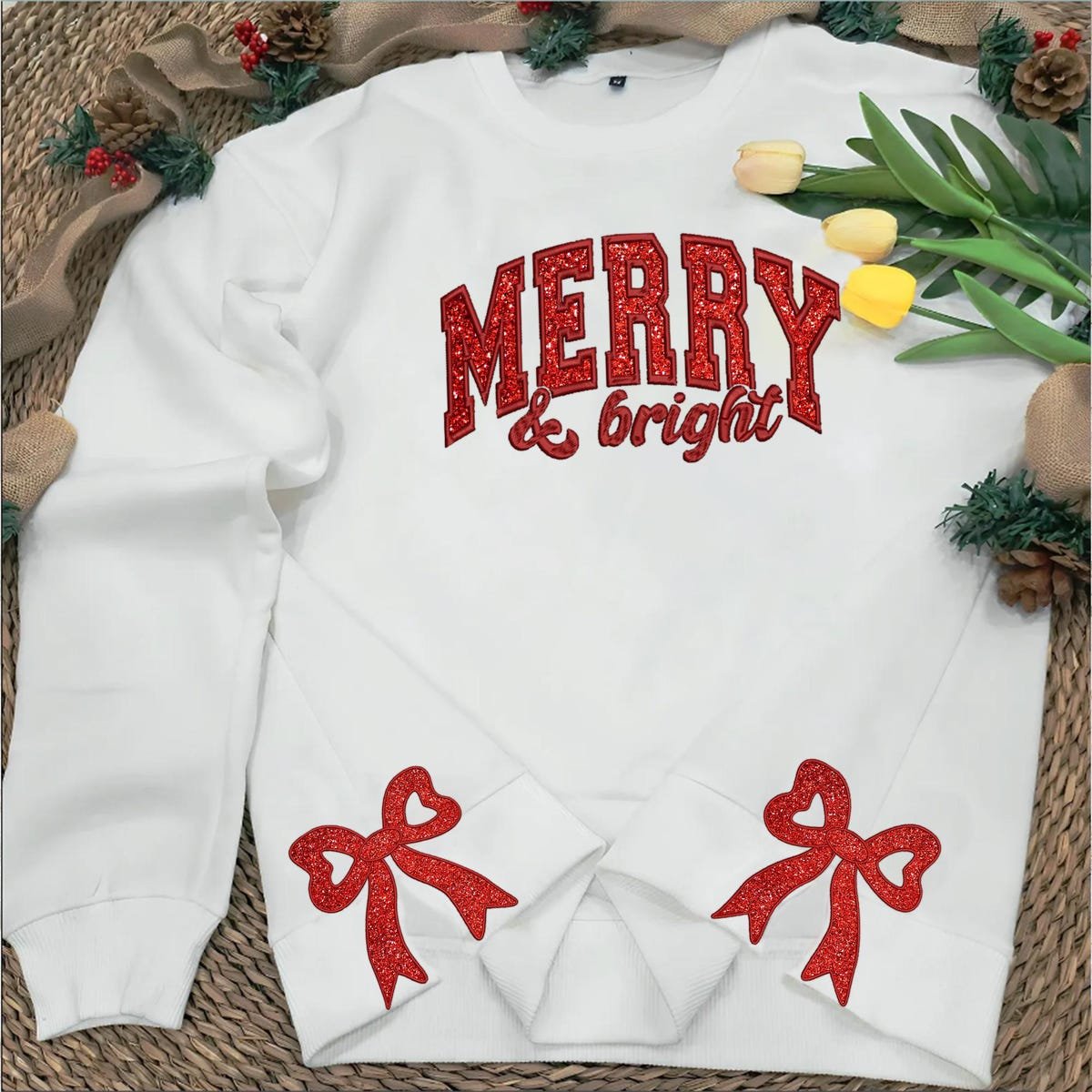 Merry and Bright Embroidered Glitter Side Bow Sweatshirt for Women.jpg