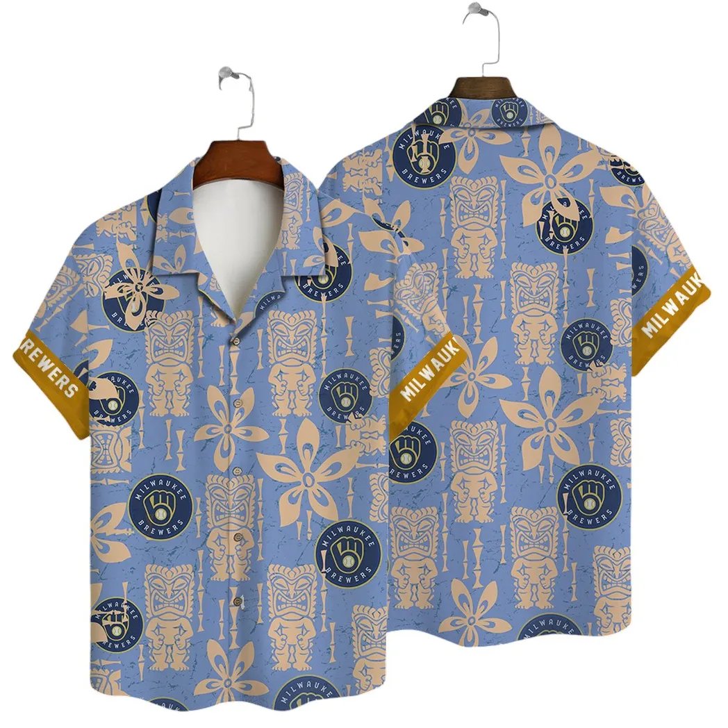 Milwaukee Brewers Hawaiian Shirt Tiki Floral Design.jpg