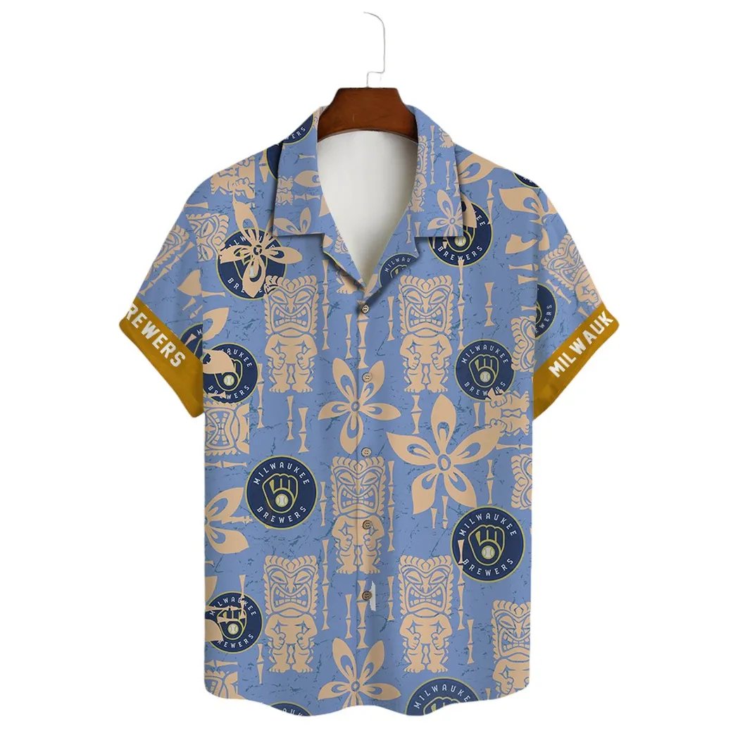 Milwaukee Brewers Hawaiian Shirt Tiki Floral Design.jpg